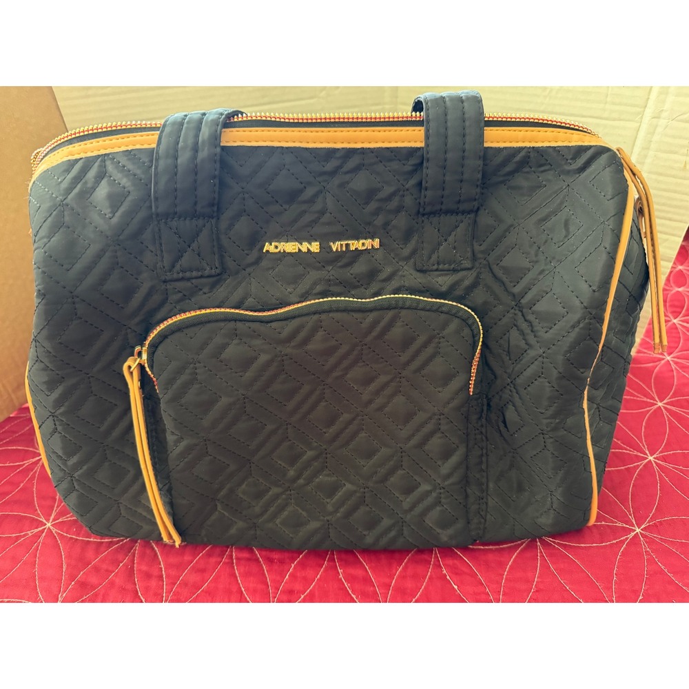 Adrienne Vittadini Black Quilted Nylon Satchel Crossbody Bag Gold Hardware